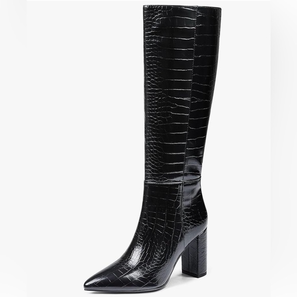 Women's Black Croc-Embossed Knee Boots - Picture 3 of 17
